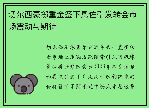 切尔西豪掷重金签下恩佐引发转会市场震动与期待